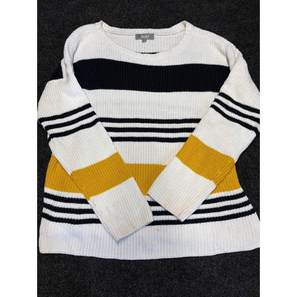 Marled Reunited Clothing Striped Ribbed Knit Sweater White Navy Yellow Medium